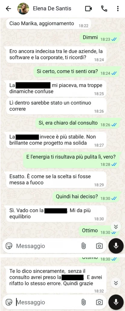 Screenshot della testimonianza via WhatsApp di Elena de Santis