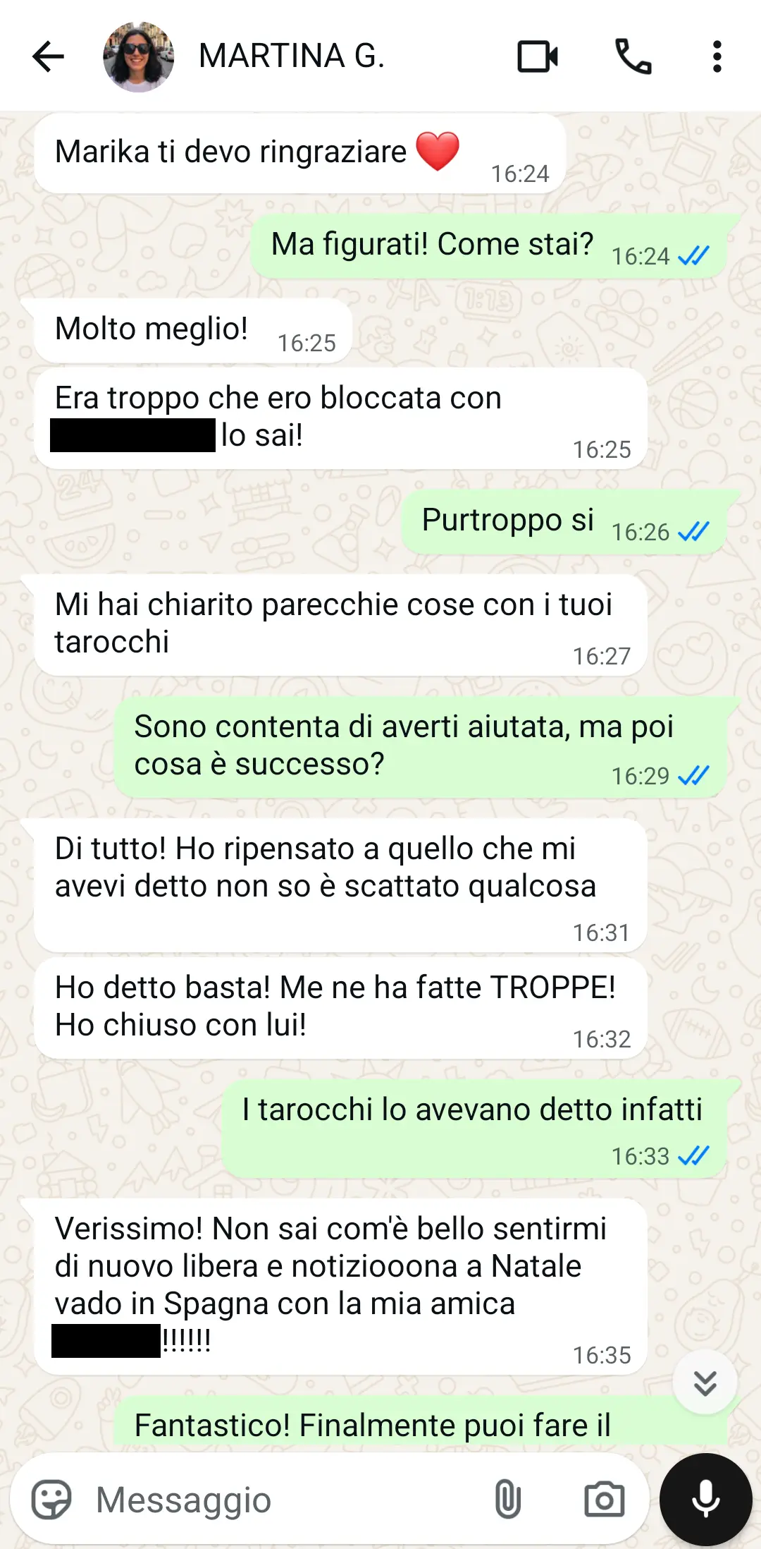 Screenshot della testimonianza via WhatsApp di Martina Grieco